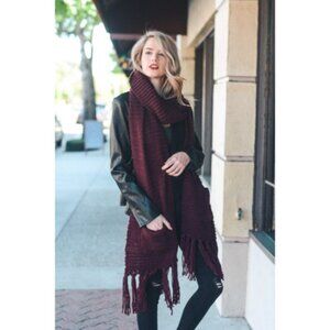 Oversized Two Pocket Tassel Scarf  Burgundy